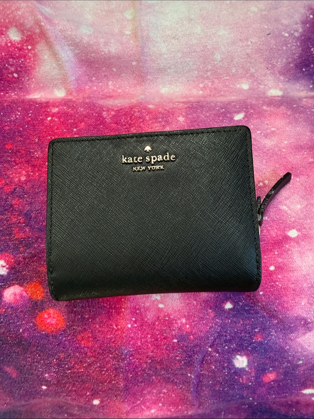kate spade black Saffiano zip wallet with gold logo
